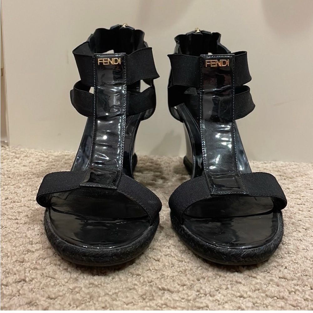 Fendi Glossy Black Strappy Sandals
